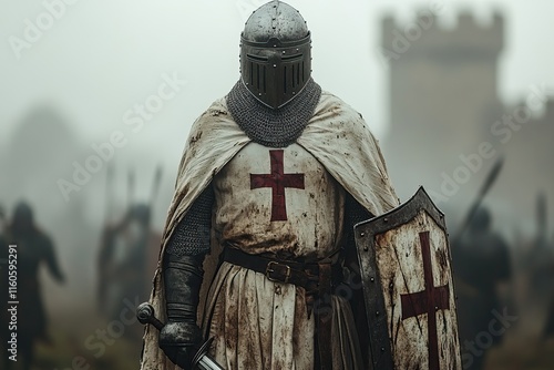 Medieval Knights Templar warrior standing in a heroic pose
