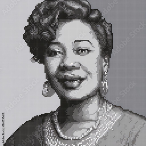 Woman unique hairstyle wearing earrings necklace standing front gray background