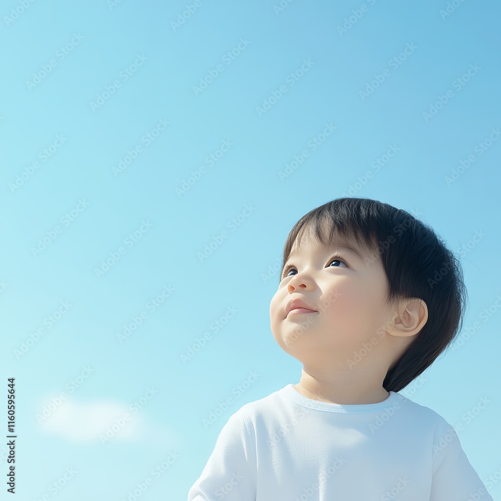 Portrait of a healthy-haired Asian baby with a thinking expression against a blue sky background Portrait of a healthy-haired Asian baby with a thinking expression against a blue sky background