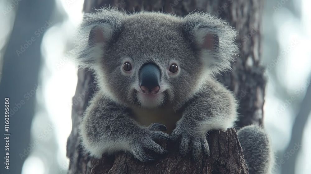 Fototapeta premium Adorable koala joey perched on a tree trunk, looking directly at the camera.