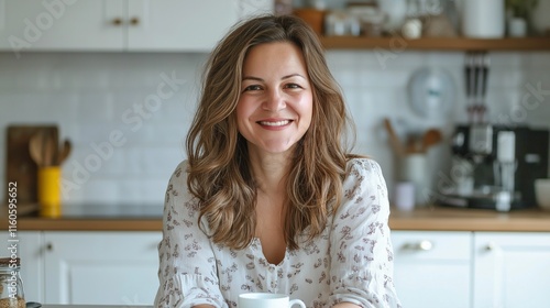 Portrait of smiling woman in the morning having coffee or tea in the modern white kitchen