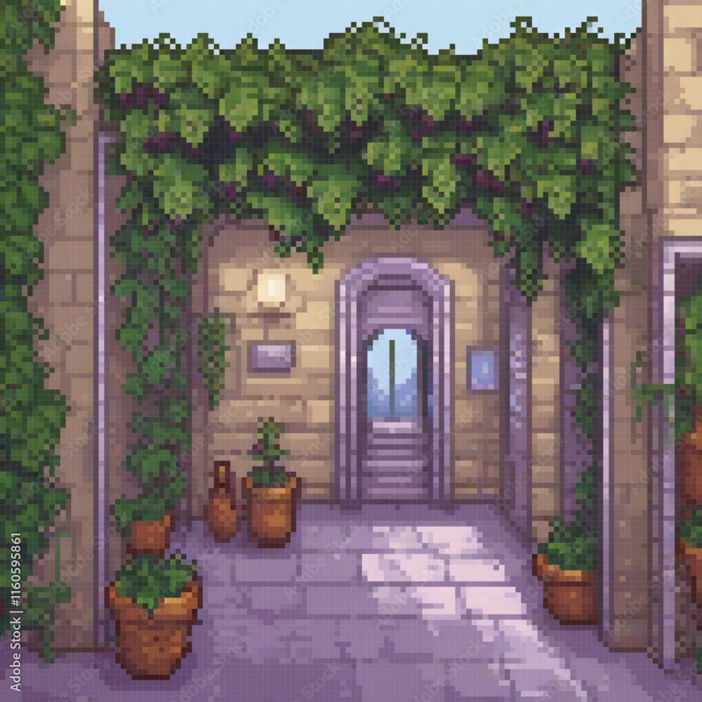 Fototapeta premium Pixel art image courtyard stone archway potted plants sign