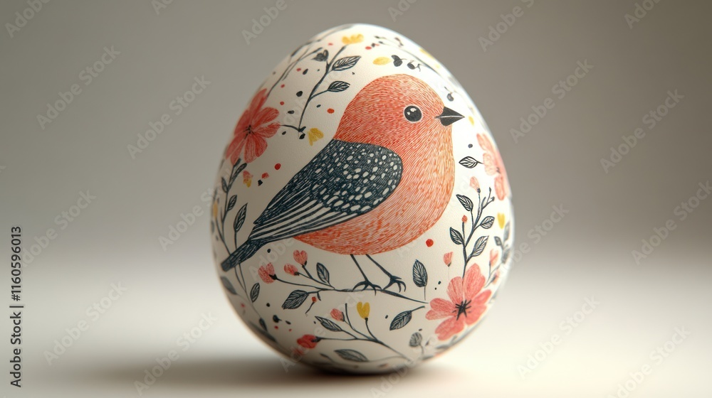Decorated Easter egg with a bird and floral design. Decorated Easter egg with a bird and floral design.