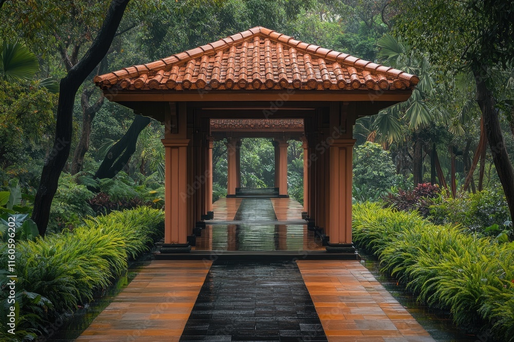 Covered walkway leading through lush green tropical garden Covered walkway leading through lush green tropical garden