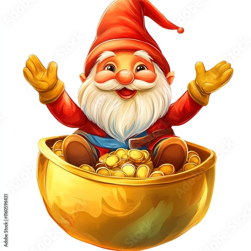 Cheerful gnome celebrating abundance in a golden pot, exuding joy and whimsy. photo