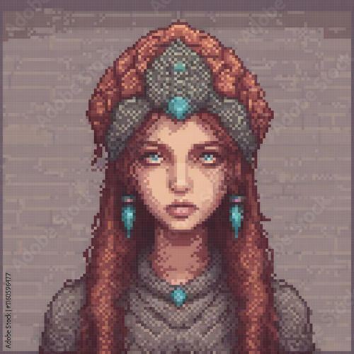 Pixel art image woman turban blue earrings necklace standing front brick wall