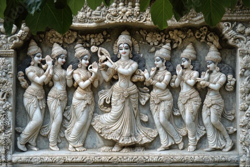 Krishna playing flute and gopis dancing, bas-relief sculpture from hindu temple photo