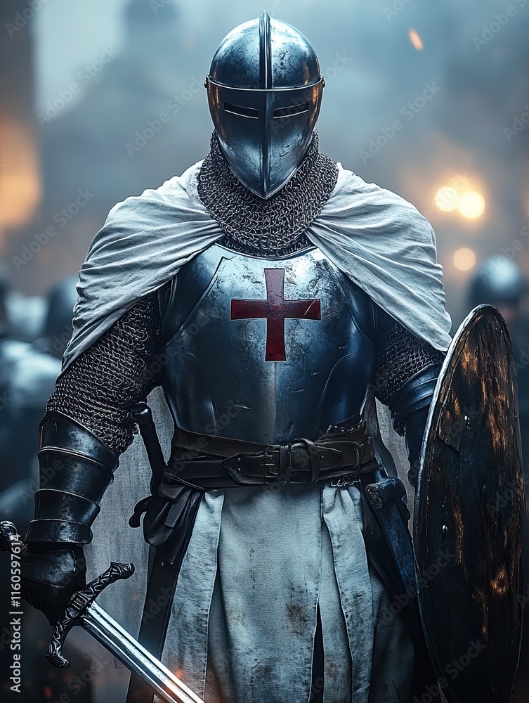 Medieval Knights Templar warrior standing in a heroic pose Medieval Knights Templar warrior standing in a heroic pose