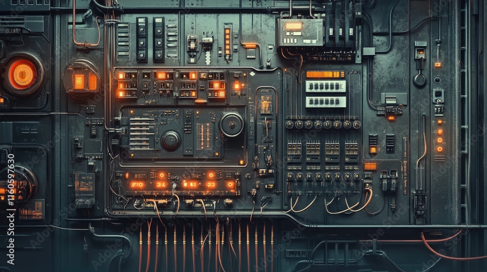 Fototapeta premium Concept of enterprise automation with a switchboard, featuring electrical wires and switches for seamless production control.
