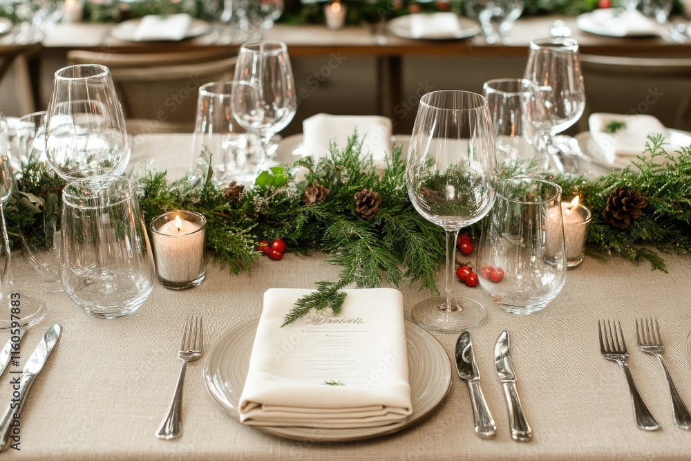 Christmas table setting decorated with garland, lit candle and menu Christmas table setting decorated with garland, lit candle and menu