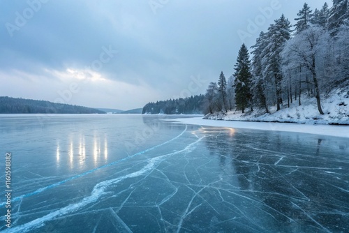 A serene winter marvel: Ice skaters on a photorealistic frozen lake reflecting a soft, overcast sky with ethereal blue light emanating from the ice. Perfect blend of nature and hyperreal art.