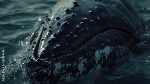 A close-up view of a whale swimming in the ocean, great for use in illustrations about marine life or conservation photo