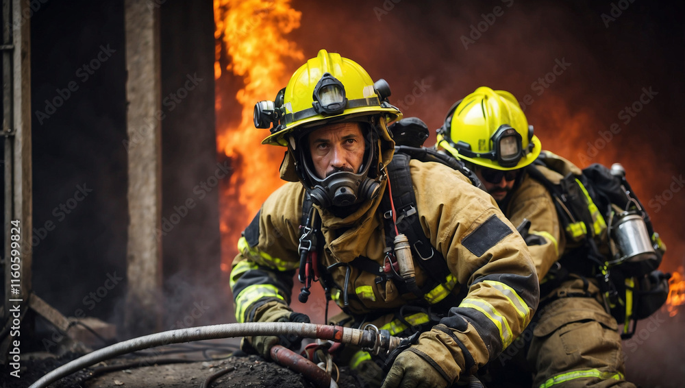 Fototapeta premium Intense Firefighter Rescue Training: A Display of Courage and Skill
