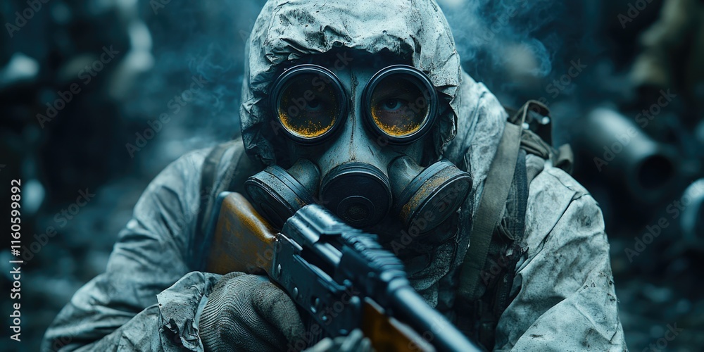 A person wearing a gas mask holds a rifle, possibly for protection or hunting A person wearing a gas mask holds a rifle, possibly for protection or hunting