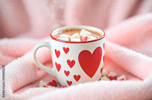 Cozy mug decorated with red hearts filled with hot chocolate and marshmallows, wrapped in a soft pink blanket. Perfect for Valentine's Day promotions, winter themes. Selective focus photo