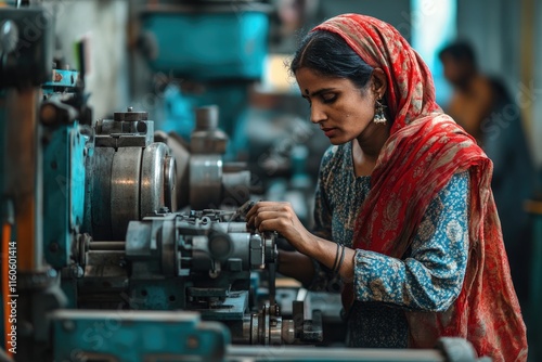 Focused indian factory worker operating industrial machinery in manufacturing plant photo