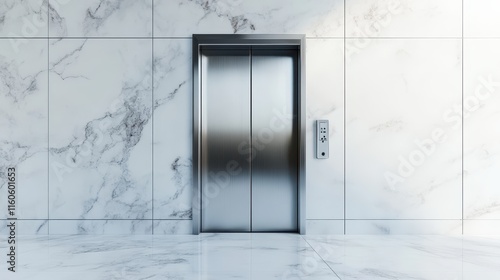 Modern Elevator doors of office or hotel hallway holiday season decor with christmas tree Lobby interior  corridor in house with lift marble elegant lift for passenger or cargo elevators copy space.