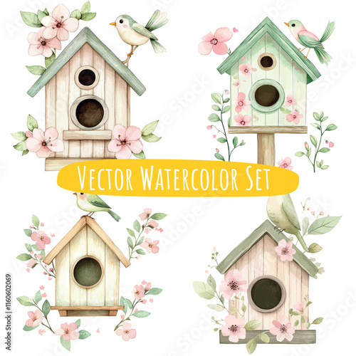 Watercolor Birdhouses Illustration Set   Pastel Colors