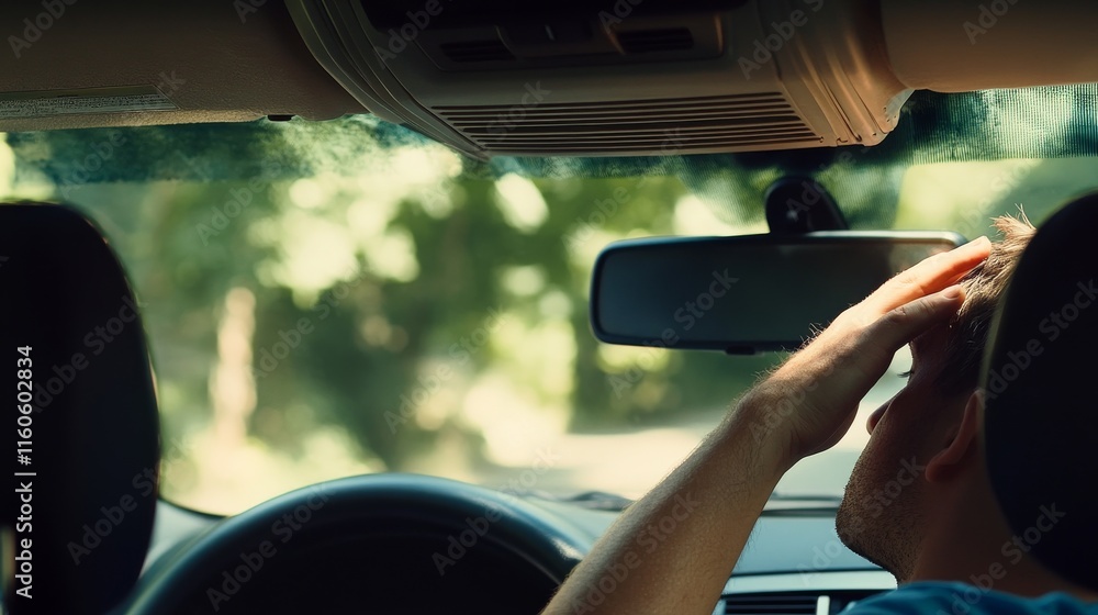Car with a malfunctioning air conditioning unit during summer. Featuring a driver sweating Car with a malfunctioning air conditioning unit during summer. Featuring a driver sweating