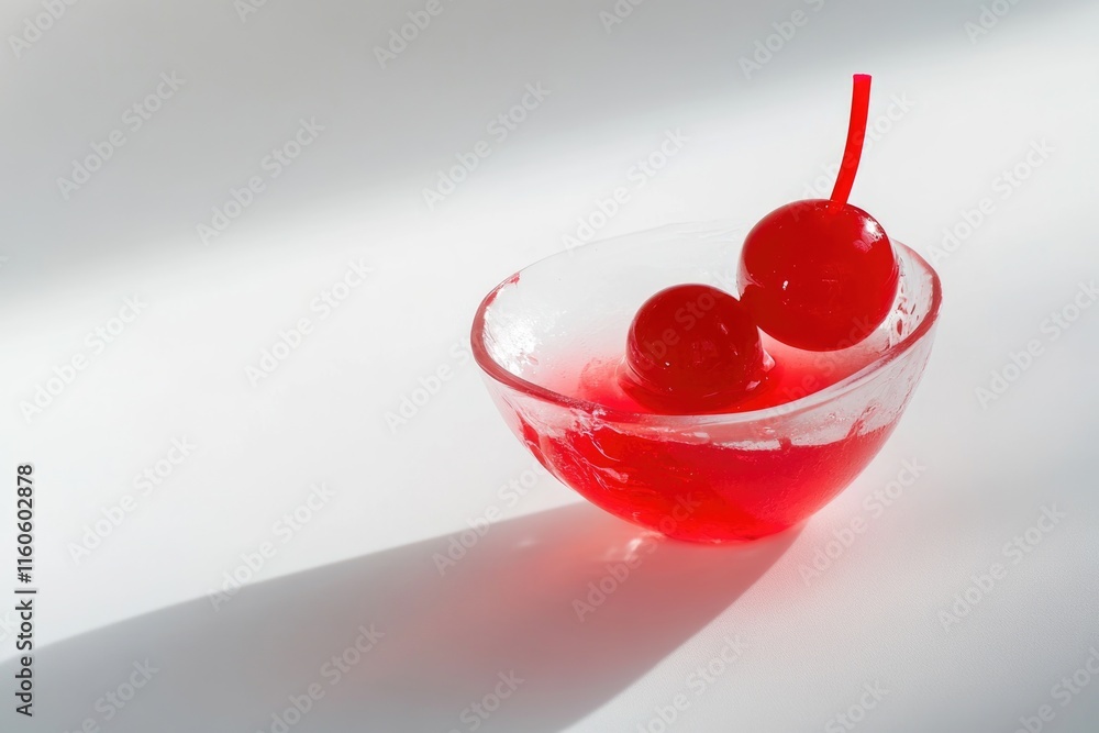 A clear glass bowl filled with three ripe cherries, perfect for still life photography or as a prop for food and drink scenes A clear glass bowl filled with three ripe cherries, perfect for still life photography or as a prop for food and drink scenes