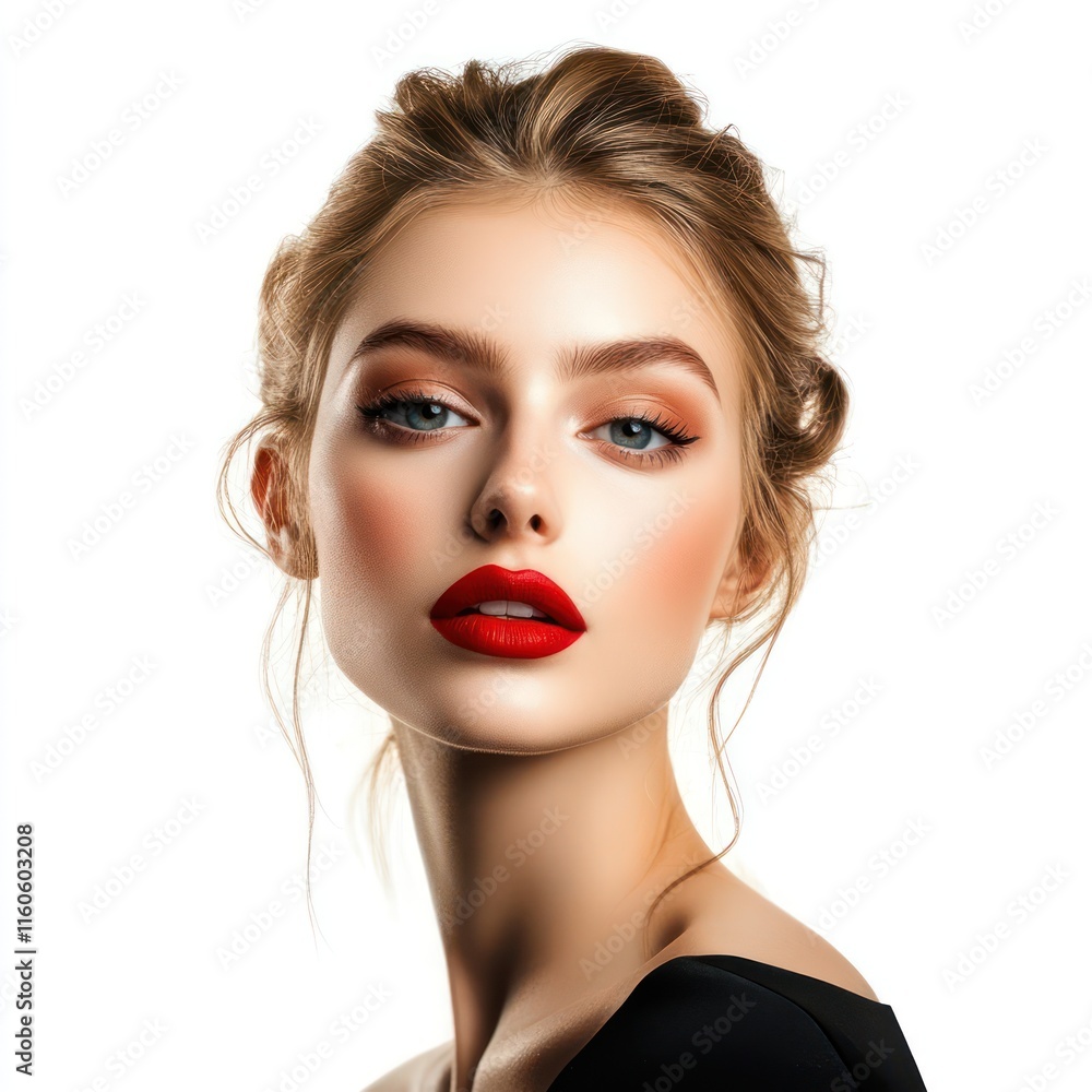 Beautiful young woman with red lipstick Isolated on White Background Generative AI Beautiful young woman with red lipstick Isolated on White Background Generative AI