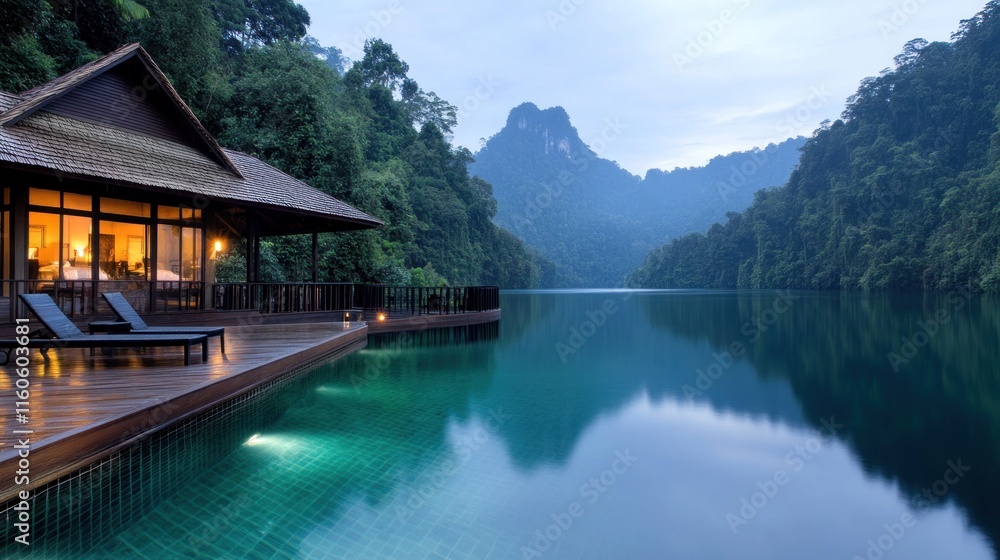 Serene lakeside retreat surrounded by lush mountains at twilight. Serene lakeside retreat surrounded by lush mountains at twilight.