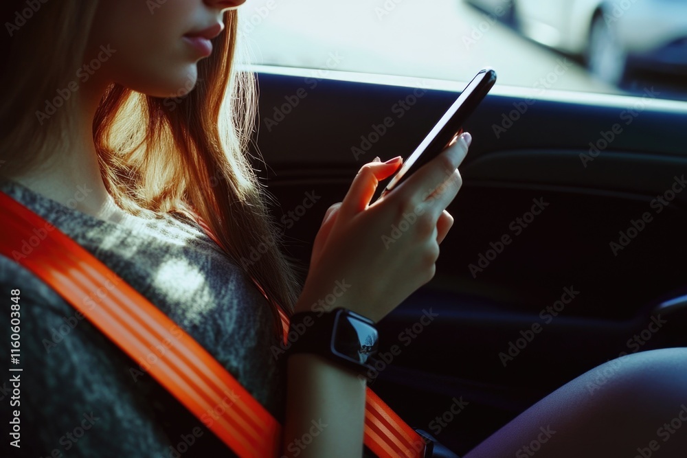 A person sitting in a vehicle, focused on their mobile device A person sitting in a vehicle, focused on their mobile device