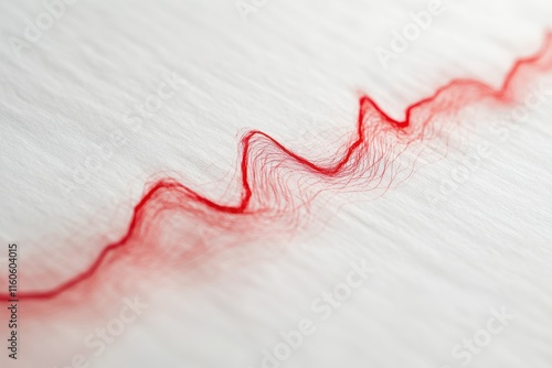 A vibrant red thread creates a zigzag pattern on white fabric, showcasing the delicate artistry of textile design during a crafting session. photo