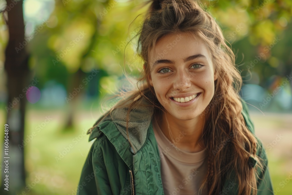 Attractive woman in green jacket smiling with friend. Attractive woman in green jacket smiling with friend.