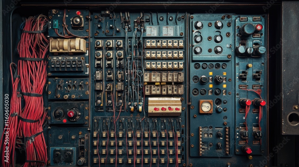 High-tech electrical control board filled with wires and switches, ensuring proper management of electricity in automated systems. High-tech electrical control board filled with wires and switches, ensuring proper management of electricity in automated systems.