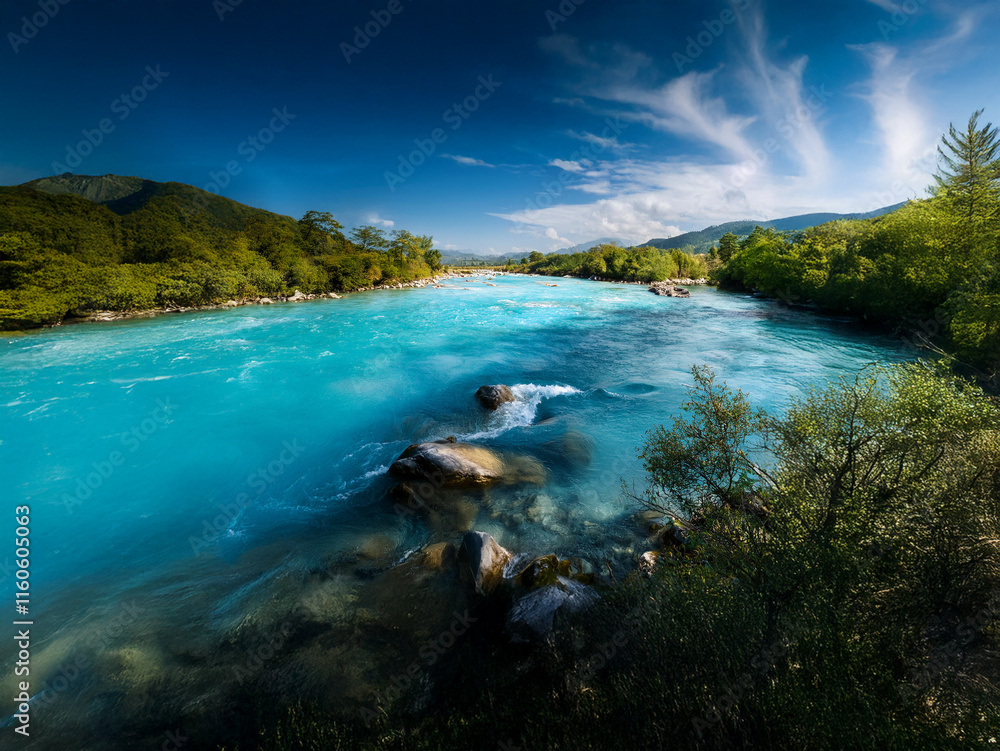A vibrant turquoise river flows through a lush green valley, under a vast blue sky dotted with fluffy white clouds. Rocks peek through the crystal-clear water. The scene is serene and picturesque. A vibrant turquoise river flows through a lush green valley, under a vast blue sky dotted with fluffy white clouds. Rocks peek through the crystal-clear water. The scene is serene and picturesque.