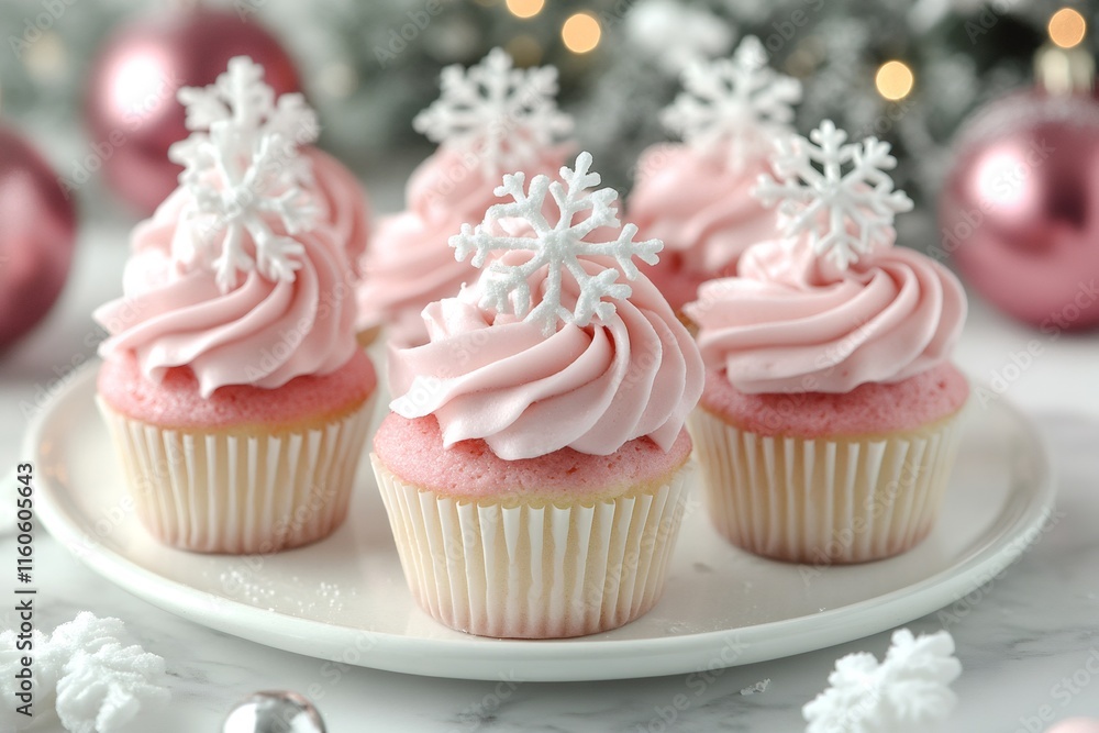 Pink cupcakes with snowflake topping are waiting for a christmas party Pink cupcakes with snowflake topping are waiting for a christmas party