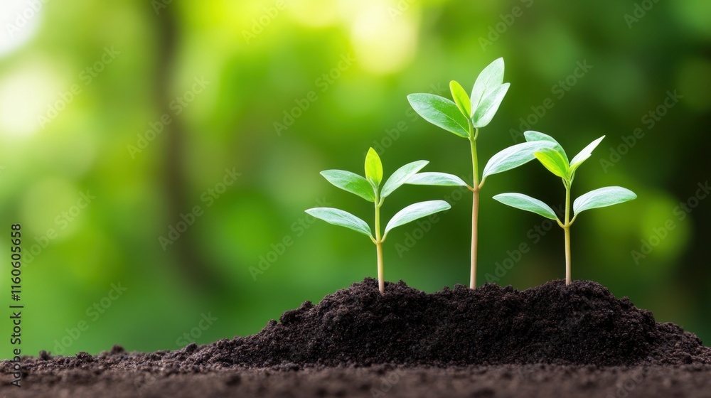 Three young plants growing from dark soil in a blurred green background. Three young plants growing from dark soil in a blurred green background.