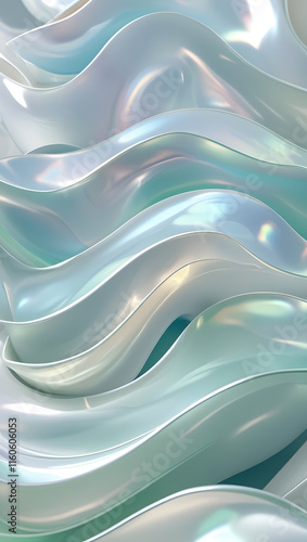 Iridescent Silk Waves - Abstract Pearlescent 3D Render with Soft Holographic Textures