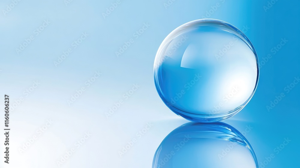 Clear Water Sphere on Soft Blue Background with Reflection Effect Clear Water Sphere on Soft Blue Background with Reflection Effect