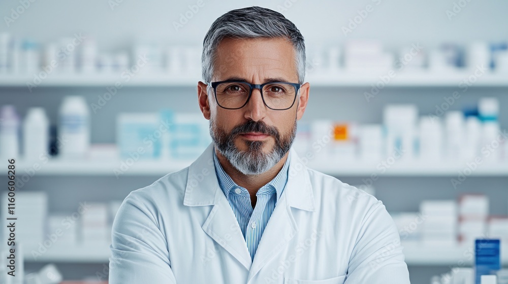 A pharmacist in a lab coat standing in a pharmacy. A pharmacist in a lab coat standing in a pharmacy.