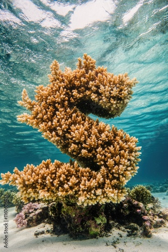 A close-up shot of a vibrant coral reef with letter S inscribed on it, surrounded by marine life photo