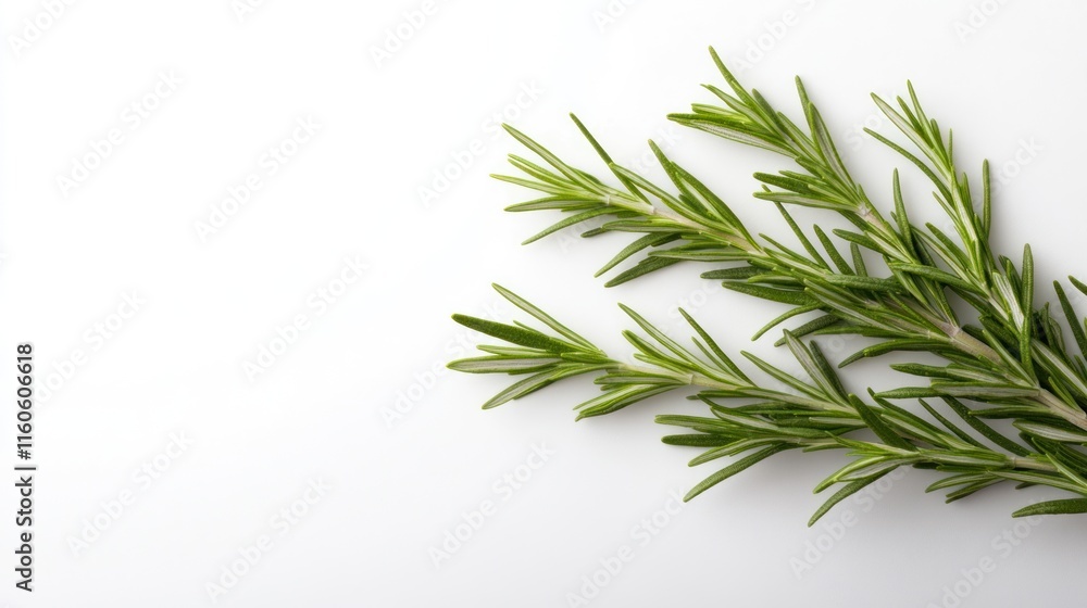 A sprig of fresh rosemary on a white background. A sprig of fresh rosemary on a white background.