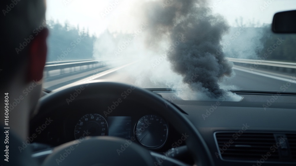 Fotografie Car with a smoking engine on a highway