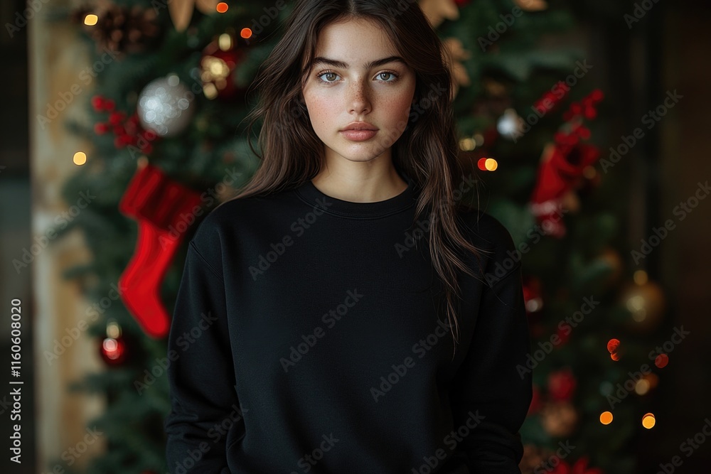 A woman standing in front of a decorated Christmas tree, festive atmosphere A woman standing in front of a decorated Christmas tree, festive atmosphere