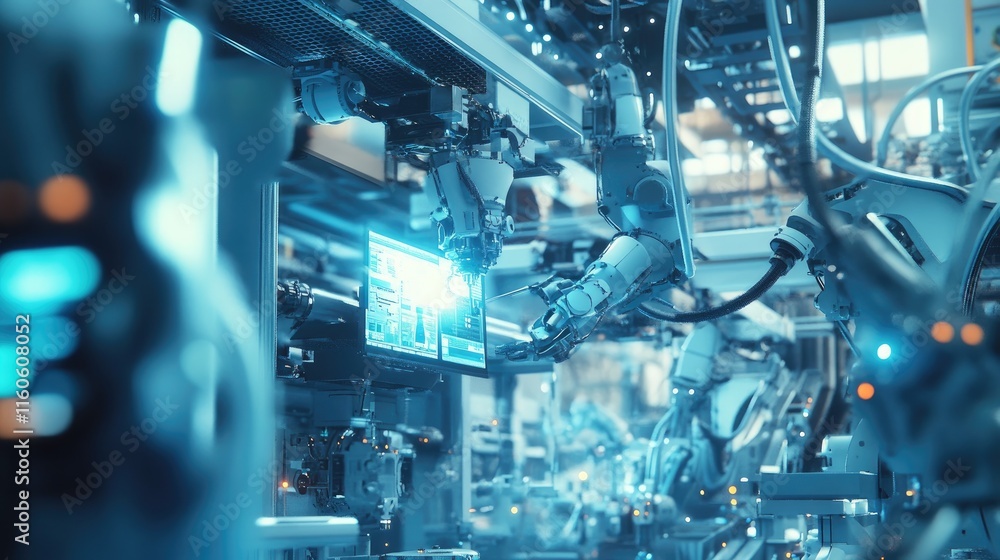 Intelligent factory scene with engineer manager controlling robotic arms, monitoring welding operations through real-time software. Intelligent factory scene with engineer manager controlling robotic arms, monitoring welding operations through real-time software.