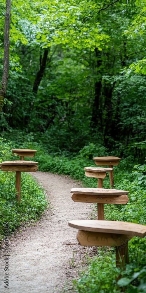 Exploring a serene nature walk trail adorned with rustic wooden signs guiding the way through lush greenery. Exploring a serene nature walk trail adorned with rustic wooden signs guiding the way through lush greenery.