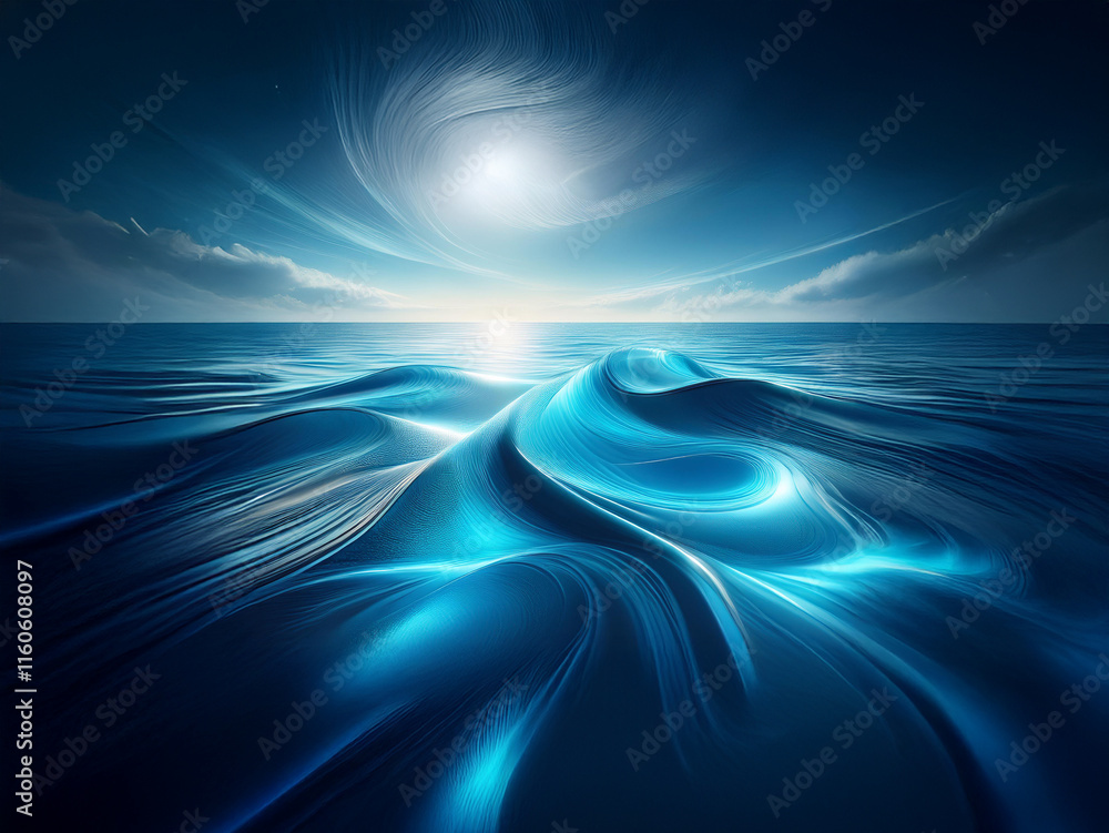 Serene, abstract seascape at sunset. Glowing blue waves ripple across a dark ocean under a luminous sky. A sense of calm and mystery pervades the scene. Serene, abstract seascape at sunset. Glowing blue waves ripple across a dark ocean under a luminous sky. A sense of calm and mystery pervades the scene.