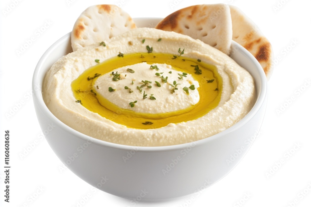 A plate of creamy hummus served with warm pita bread for dipping A plate of creamy hummus served with warm pita bread for dipping