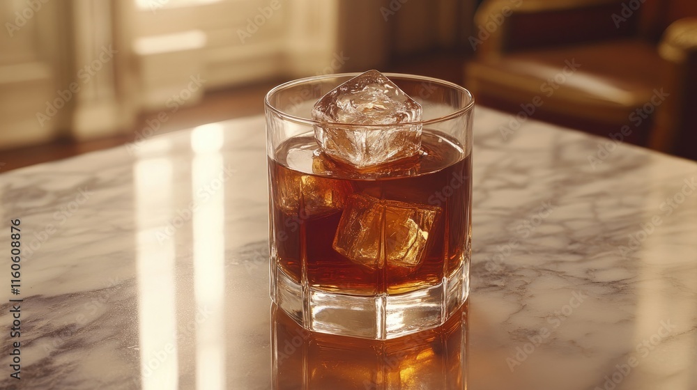 Cold amber drink with ice cubes in a rocks glass on a marble table. Cold amber drink with ice cubes in a rocks glass on a marble table.