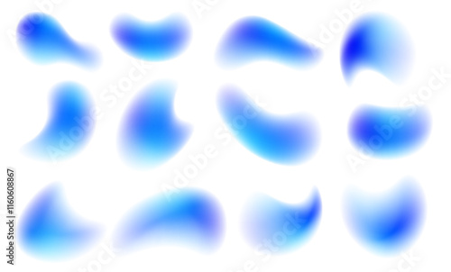 Rainbow blue drops of water, liquid or holograms of irregular free organic shapes. Transparent blue sparkling water splash element with blue gradient.