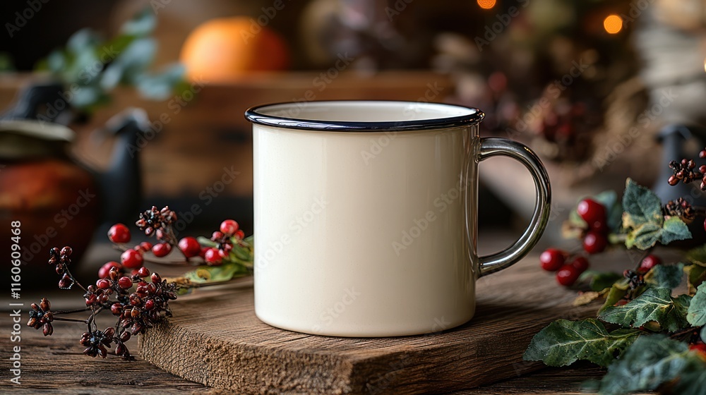 Cream-colored enamel mug on wood with berries and foliage. Cream-colored enamel mug on wood with berries and foliage.