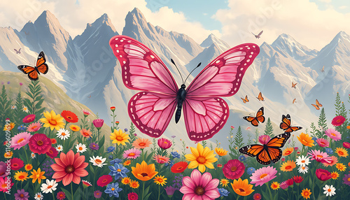 flying butterflies in flower garden