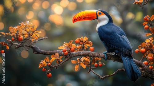 Colorful toucan perched on a branch with orange berries, set against a bokeh background. photo