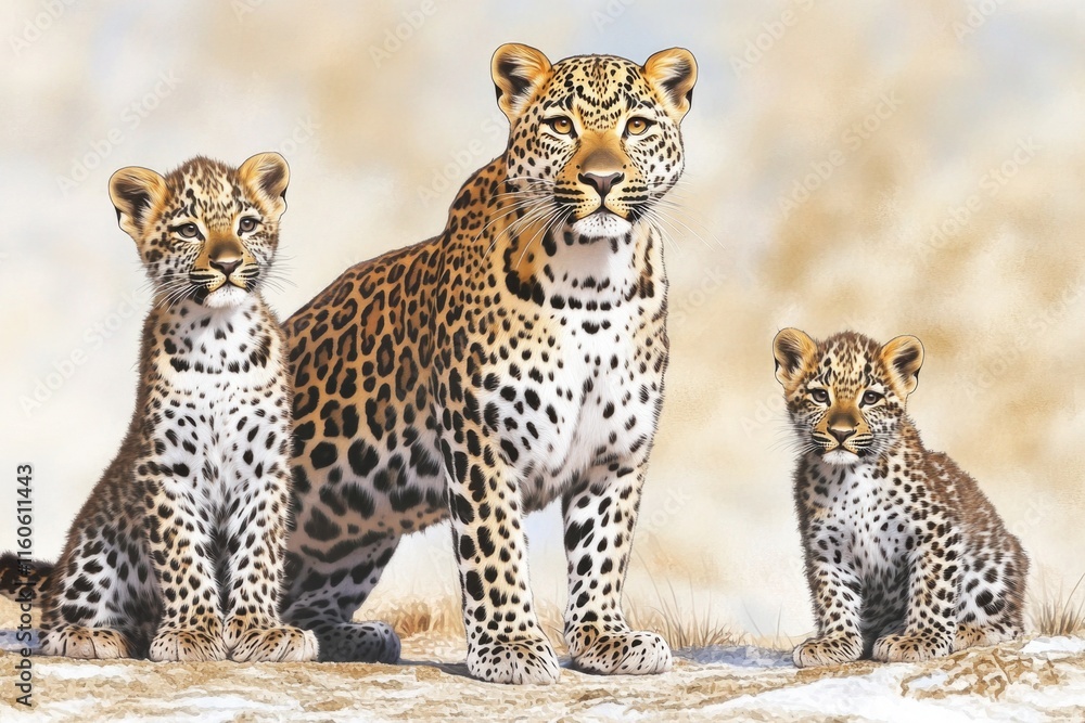 Fototapeta premium A portrait of a mother leopard caring for her two cubs in the wild
